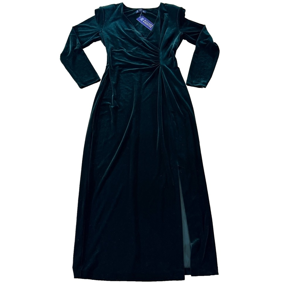 VTG Y2K Velvet Long Sleeve Maxi Dress Green Whimsigoth Vampy Dark Ruched Holiday